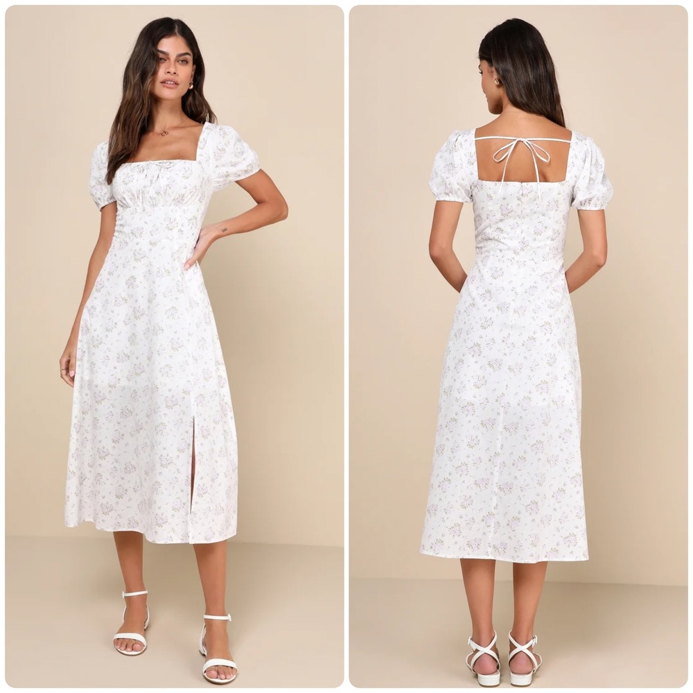 Lulus Womens Darling Appeal Floral Puff Sleeve Cottagecore Milkmaid Midi Dress L